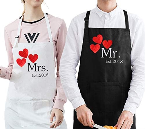 Fodiyaer Mr. and Mrs. 2018 Wedding Anniversary Couples Cooking Aprons, First Year for Couples, 1st Wedding Gift Idea