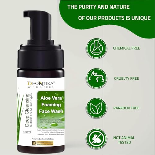 Image of Drontika Wild & Pure Aloe Vera Green Tea Pore Cleansing Face Wash For Oily, Acne-prone Skin | With Tea tree Oil | Controls Excess Oil | Removes Dead Skin Cells | Gentle & Non-Drying | Women & Men | 100% Vegan | 150 ml (Aloe Vera)
