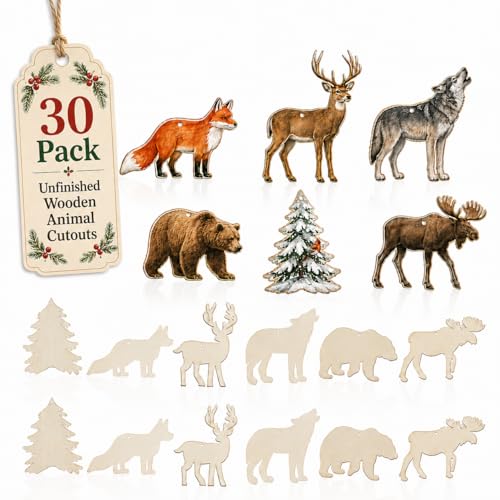 30pcs Unfinished Wooden Animal Forest Cutouts Wood Cutouts to Paint Animal Shapes Wooden Crafts with Holes for DIY Craft Art Christmas Holiday Party Hanging Decors