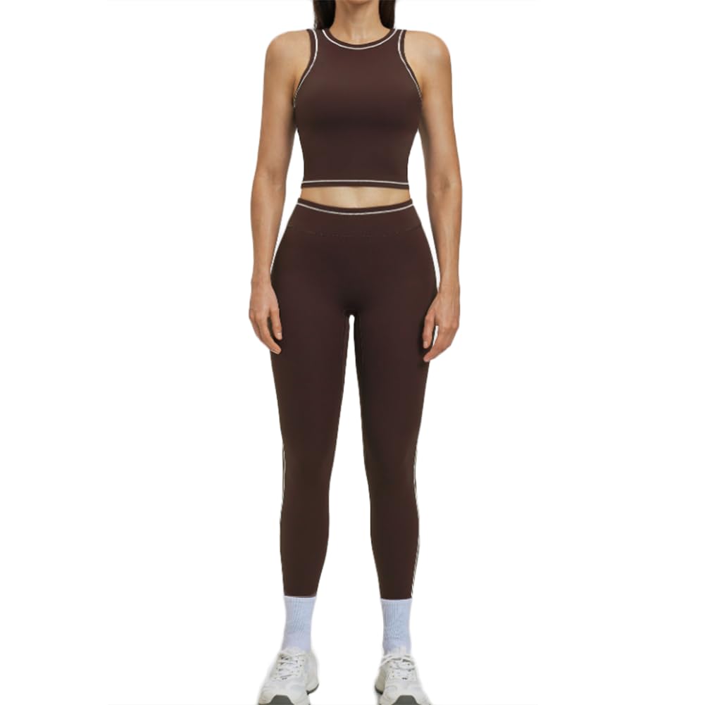 JPXJGT Women Workout Gym Sets Sports Bra Compression Gym Legging Fitness Active Wear Set(Size:M,Color:Brown)