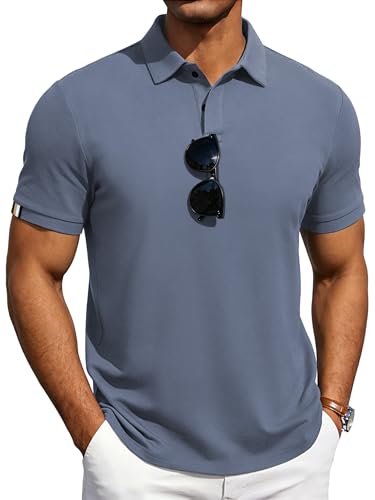 HMIYA Herren Poloshirts Mit Kurzen Ärmeln Atmungsaktive Poloshirts Für Herren Sommer T-Shirts Mit Druckknöpfen Freizeitshirts Basic Golf-Poloshirt Graublau L