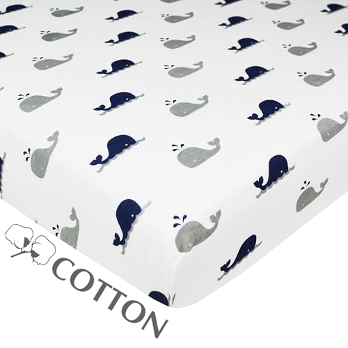 american baby company 100 natural cotton fitted pack and play sheet 3934 x 2734 - soft amp breathable pack n play sheet for playpen playard amp mini crib mattress navy whale for boys amp girls