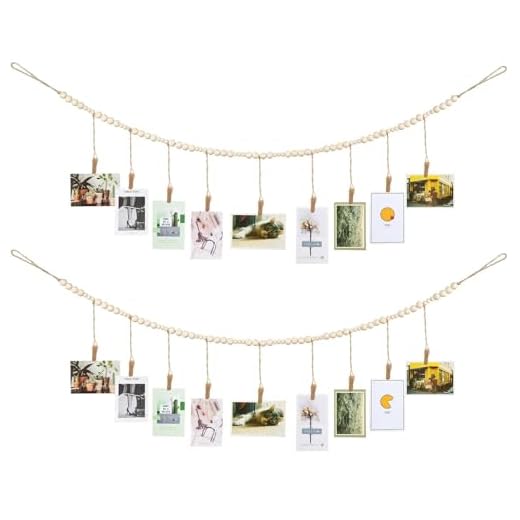 Wall Hanging Photo Display with Wooden Beads Garland 4 Feet Boho Collage Picture Frame DIY Picture Photo Frame Set with 9 Wood Clips for Rustic Country Home, Office Nursery Room Decoration(2 Pieces)