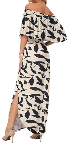 Image of AUSELILY Womens Off Shoulder Ruffle Split Summer Maxi Dresses with Pockets | Off-shoulder Ruffle dress with empire waist & side split for summer beach and casual parties