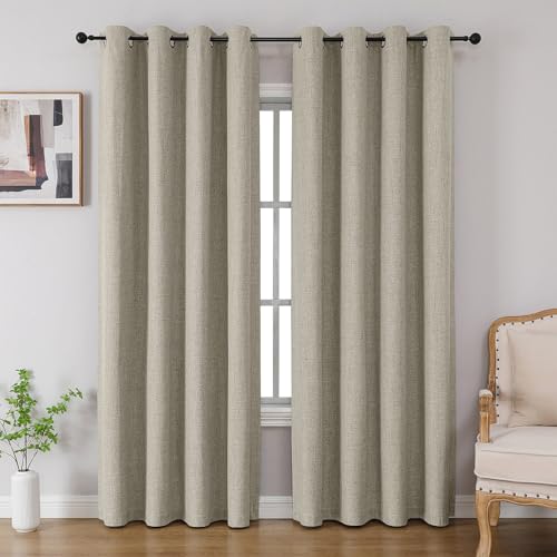 Image of CUCRAF 100% Blackout Curtains 63 inches Length 2 Panels Set, Room Darkening Linen Textured Curtain Grommet for Bedroom Living Room, Light Blocking Thermal Insulated Drapes (52 x 63 Inch,Light Beige)