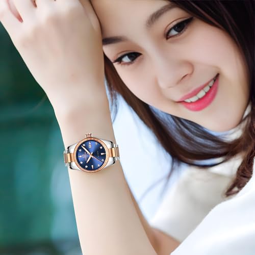 Image of Women's Diamond Automatic Mechanical Rose Gold Stainless Steel Sapphire Waterproof Lady's Elegant Blue Watch