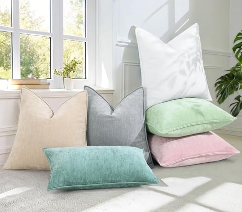 decorUhome Couch Throw Pillow Covers 16x16 Set of 2, Decorative Soft Euro Neutral Chenille Pillow Covers with Elegant Design for Sofa Bed Living Room Home Decor, Aqua Haze