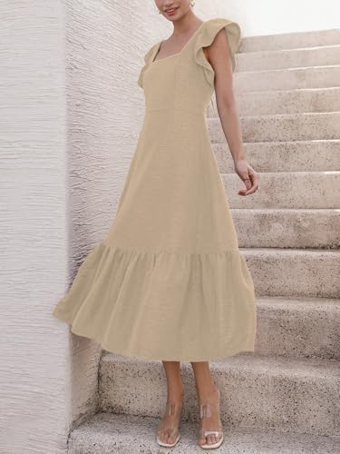 Image of Sugathari Girl's & Women's Solid Color Square Neck, Ruffle-Trimmed Hem Sleeveless, Ruffle Armhole and Casual Dress with Cinched Waist Vacation Outfits Woman (Dress 176)