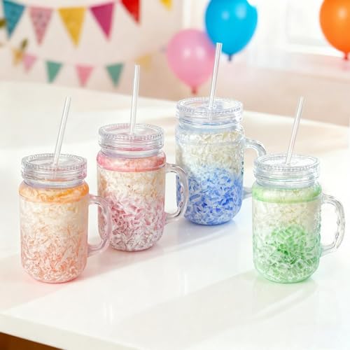 Image of Lily's Home Old Fashioned Glasses with Lids Straws and Handles, 16 oz Set of 4 - Clear Acrylic Tumbler Cups with Color Accents, Reusable Party Drinkware for BBQ, Poolside, Outdoor Events & Home Bar