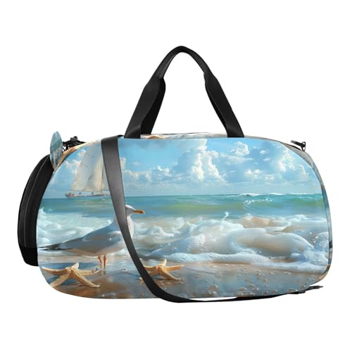 YETTASBIN Sport Travel Duffel Bag for Girls Boys, Seabird Beach Large Waterproof Weekender Overnight Bag, Detachable Shoulder Strap Gym Bag with Shoe Compartment & Wet Pocket2