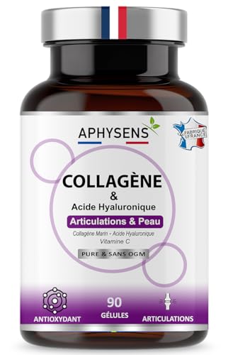 Colágeno marino + ácido hialurónico, con vitamina C, colágeno hidrolizado tipo 1 y 3, piel hidratada, brillo y elasticidad, cura 1 mes y medio, fabricado en Francia, Aphysens