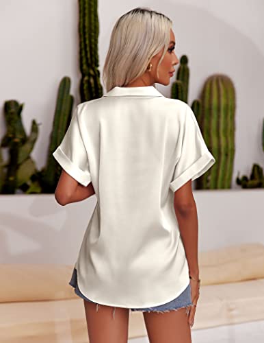 Hotouch Satin Blouses For Women Button Down Silky Shirts Lapel Collar Short Sleeve Casual Office Tops White L #TOP5