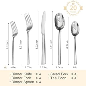 Kingstone silverware set 20 piece forged flatware set cutlery set premium stainless steel service for 4 for kitchen home wedding party mirror polished and dishwasher safe  urban country home decor
