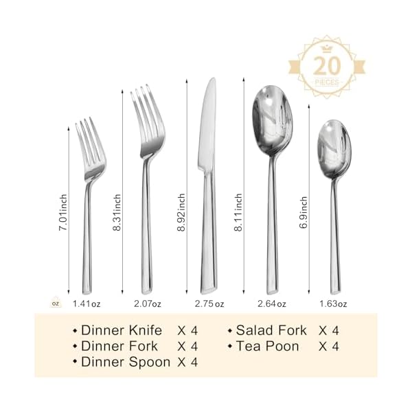 Kingstone silverware set 20 piece forged flatware set cutlery set premium stainless steel service for 4 for kitchen home wedding party mirror polished and dishwasher safe  urban country home decor