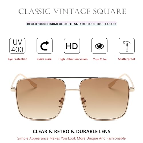 Trendy Oversized Square Sunglasses for Women Men Double Bridge Metal Frame Flat Mirrored Lens4