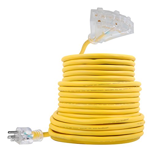 50 FT 12/3 Outdoor Extension Cord - Rubber, Flexible, Triple Outlet, Yellow Wire with Live Power Light Indicator. 15 Amp