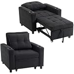 HOMCOM 3-in-1 Single Sofa Bed, Convertible Sleeper Chair with Adjustable Backrest, Fabric Pull Out Chair Bed with Pillow, Side Pockets and Cup Holders for Living Room, Bedroom, Black