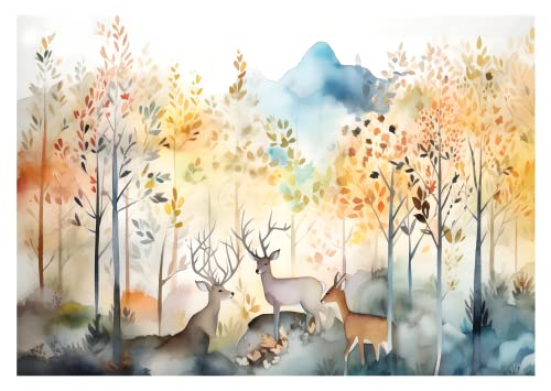 WTD Mantiburi Papier peint photo pour chambre d'enfant Motif animaux de la forêt Motif cerf pastel avec colle incluse 368 x 254 cm