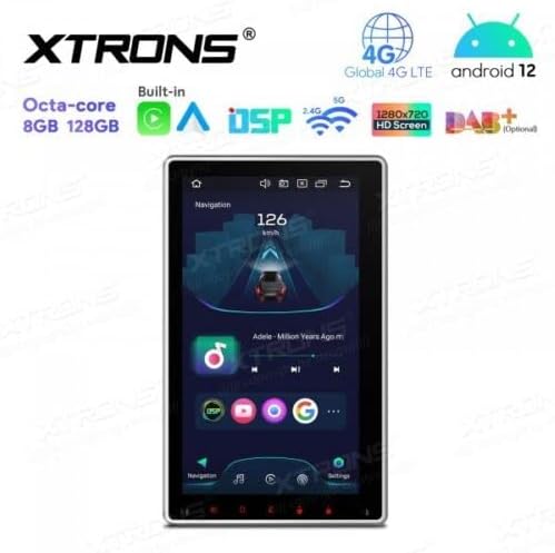 XTRONS TIX125L display in vertical orientation showing navigation and media controls.