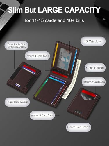 Image of Contacts Slim Leather Bifold for Men | RFID Blocking Card Holder with ID Window | Holds 13-17 Cards, Large Cash Slot | Thin Minimalist Front Pocket Design | Gift for Men (Brown)