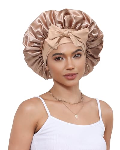 Coubeau Bonnet Satin Cheveux Nuit-Bonnet De Nuit Large Bande Ajustable pour Cheveux naturels bouclés