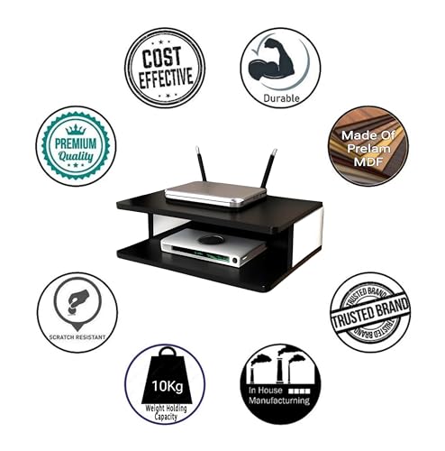Image of Engineered Wood Set Top Box Stand TV Stand WiFi Router Rack Wall Shelf for Living Room Stylish Hanging Rack Organizer Shelf Furniture (Black & White)