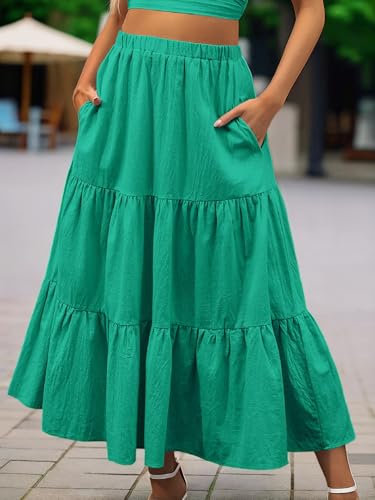 Women's Ruffle Midi Skirt Fashion Summer Flowy Skirt Soft Stretchy Casual Outfits with Pockets