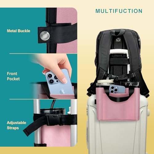 Image of Luggage Cup Holder for Suitcases - Free Hand Drink Carrier, Multifunctional Travel Cup Holder Fits Suitcase Handles, Travel Accessories (Pink)
