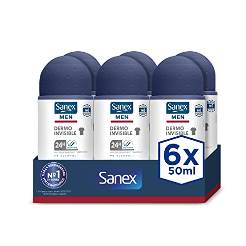 Sanex Men Dermo Invisible, Desodorante Hombre, Desodorante Roll-on, Antitranspirante, Pack 6 Uds x 50ml Cover