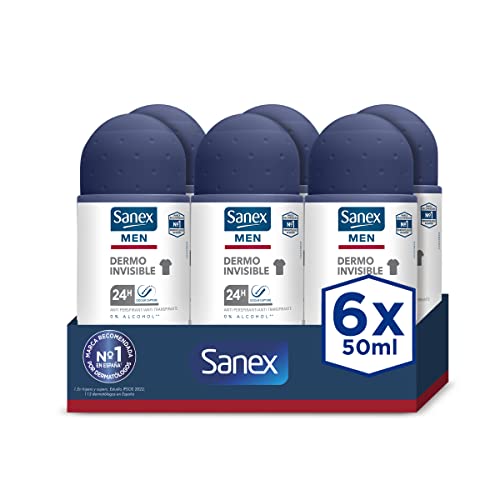 Sanex Men Dermo Invisible, Desodorante Hombre, Desodorante Roll-on, Antitranspirante, Pack 6 Uds x 50ml