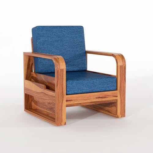 Image of Solid Sheesham Wooden 1 Seater Sofa for Living Room | Sofa with Side Pocket Storage & Cushion | Rosewood Sofa Set for Home (Honey with Blue Cushion, 1 Seater)
