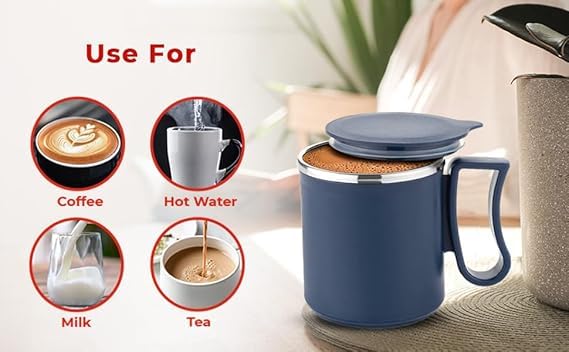 Image of HAPPI Coffee Mug with Lid Insulated Stainless Steel for Tea Milk Mug Inner Stylist Double Wall Cup for Home Office Restaurant Use Gift Pack of 1 Pcs (Blue)