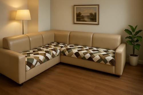 Image of JAPA Olive Mosaic Blocks Quilted Velvet L-Shape Seat-Only Sofa Cover for 3+2 Seater - Non-Slip Washable Daily Use Sofa Protector, Luxury Sofa Mat for Living Room