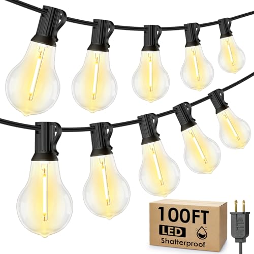 100FT LED Outdoor String Lights, Waterproof Patio Lights with 32 Shatterproof Dimmable 2700K A39 Bulbs Hanging Lighting  - Detailed View
