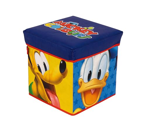 Superdiver - Cubo contenitore e sgabello Topolino, Paperino, Pluto e Pippo - Licenza Ufficiale Disney - 30x30x30 cm - Pouf pieghevole con coperchio imbottito - Organizzatore per giocattoli