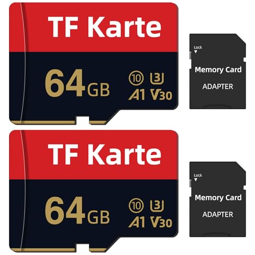 2 Pack Speicherkarte 64GB mit SD-Adapter, Class 10 SD-Karte Hoher Geschwindigkeit TF Karte für Smartphones/Tablet/Kameras/Car Audio