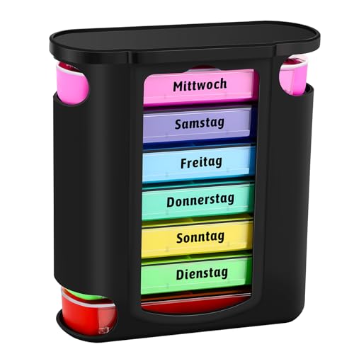 Collazoey Pill Box 7 Days, Schubladen Pillen Organizer, Reise Tablettenbox mit Fächern für Medikamente, Nahrungsergänzungsmittel, Vitamine(Deutsche Version)-Farbversion