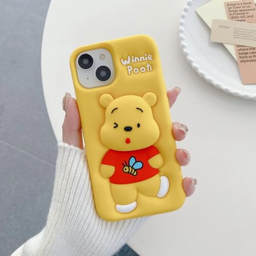 Image of MIDOS Back Cover iPhone 15 Soft Silicone 3D Cute Cartoon With Holder Full Protective Case Compatible With iPhone 15 (Pooh), Black
