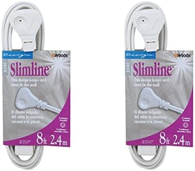 Woods SlimLine 2241 16/3 Flat Plug Indoor Extension Cord, 8-Foot, 3 Outlets, Right Angled Plug, Space Saving Design, UL Listed,White (Pack of 2)