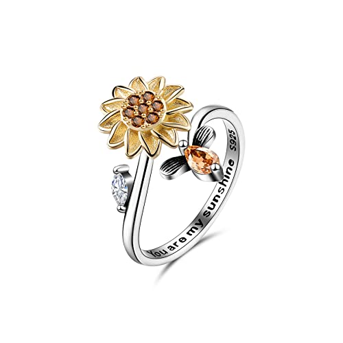 Sterling Silver Fidget Anxiety Ring for Women Adjustable Open Fidget Rings for Anxiety Fidget Relieving Stress Sunflower Moon Star Stackable Rings Jewelry