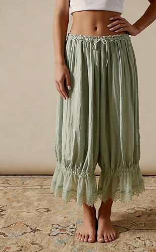 Image of NUFIWI Women Ruffle Long Bloomer Y2k Lace Trim Pettipants Pantaloons Mid Rise Cropped Pajama Pants Under Dress Slips