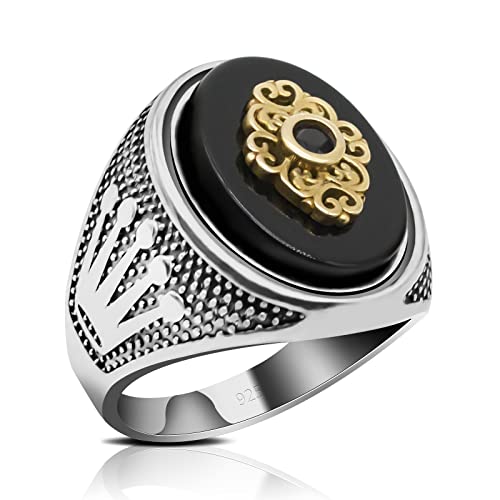 Turkish Handmade Ottoman 925 Sterling Silver Black Onyx Stone Men's Ring with Jewelry Box,Black Agate Crown Carved Personality Ring,Fashionable Classic Design Handmade Jewelry, Festival Anniversary Birthday Gemstone Gift for Him (Size 8 to 12)