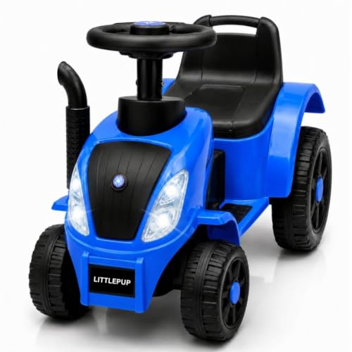 Image of Little Pup Kids Ride On Tractor Toy with Music & Horn, Steering Wheel, Comfortable Backrest, Wide Footrest & Sturdy Wheels for Boys & Girls (Blue)