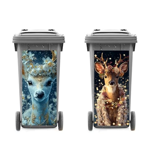 Image of 2 PC Trash Can Sticker 14.57 x 32.28 Inch Reindeer Christmas Vinyl Sticker with Floral Wreath Gold Detail Forest Light for Outdoor Garbage Bin Garden Yard Driveway Decor