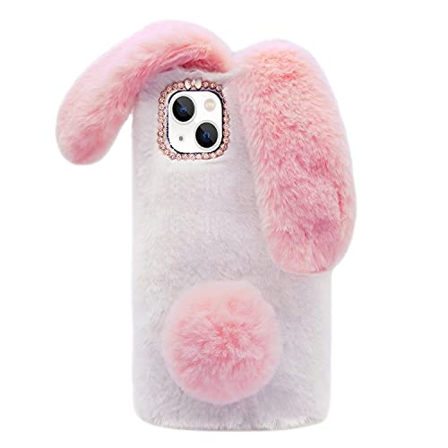 Coque iPhone 14 lapin en peluche avec oreilles en cristal et nœud diamant blanc