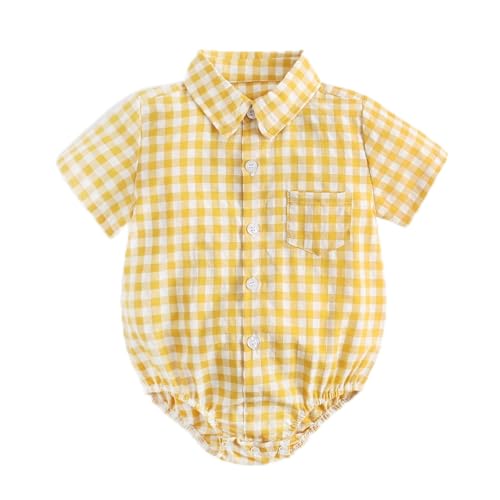 Baby Button Down Shirt, Gingham Plaid Short Sleeve Shirt Style Bodysuit, 0-3 Years
