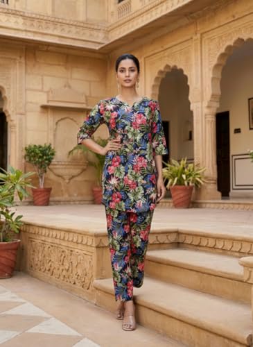 Image of NAINVISH Women's Printed Rayon Blend Co-ord Set | Straight Fit Top & Pant Ensemble | V-Neck Mandarin Collar Styles | Modern Black, Orange, Purple, Green Designs | Perfect for Casual, Festive Events