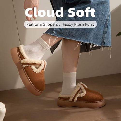 Women's Platform Slippers - Fuzzy Plush Furry Lining, Cozy Suede Upper, Trendy Slip - on Design, Anti - slip Thick Sole, Cute & Comfortable for Daily Wear.4