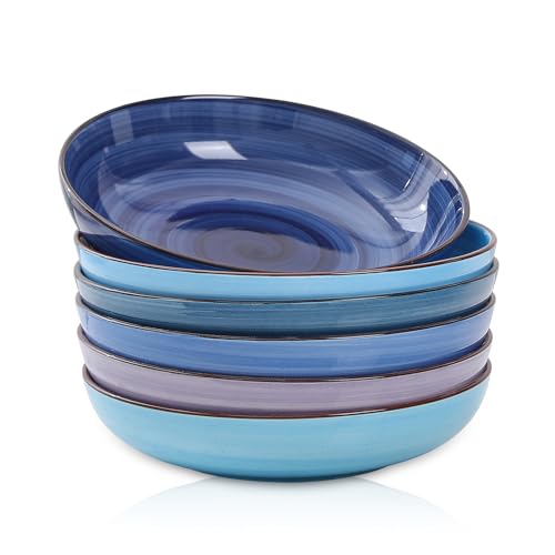 Selamica Ceramic Pasta Bowls Set 34 OZ, Large Salad Bowl 8.6 Inch Deep Plates for Pasta Soup, Microwave & Dishwasher Safe, Set of 6, Gradient Blue