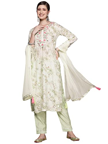 Image of ishin Women's Off White Gotta patti A-Line Kurta set With Trouser and Dupatta